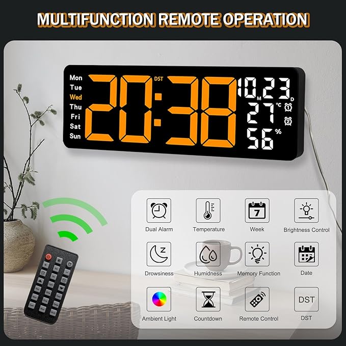 JoFomp 17.3" Large Digital Wall Clock, LED Digital Clock Large Display with Remote Control, Alarm Clock with Temp/DST/Dimmer/Humidity/Timer/Ambient Light - 12/24H, Alarm Wall Clock for Bedroom
