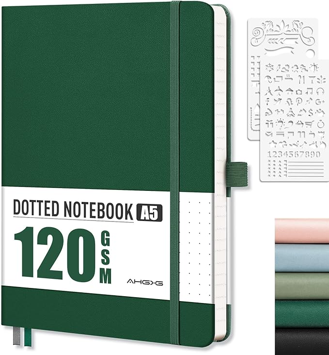 AHGXG Bullet Dotted Journal - Dot Grid Notebook Journal, 120 GSM Thick Acid-Free Paper, A5 Dotted Notebook 160 Pages, Leather Hardcover, Inner Pocket, Journal Stencil, 5.7'' × 8.3'' - Green