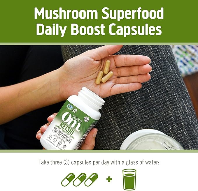 OM MUSHROOM SUPERFOOD Reishi Mushroom Capsules Superfood Supplement, 90 Count, 30 Days, Organic Adaptogen for Stress Relief and Immune Health