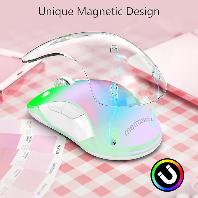 memzuoix 2.4G Wireless Mouse with Customizable Cover & 9-Color LED - Rechargeable Ergonomic, 1200 DPI, 5 Buttons, USB Receiver for PC/Mac - Pink
