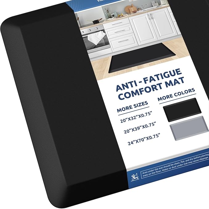 KitchenClouds Kitchen Mat Cushioned Anti Fatigue Rug 20"x32" Waterproof, Non Slip, Standing and Comfort Desk/Floor Mats for House Sink Office (Black,0.8inch)