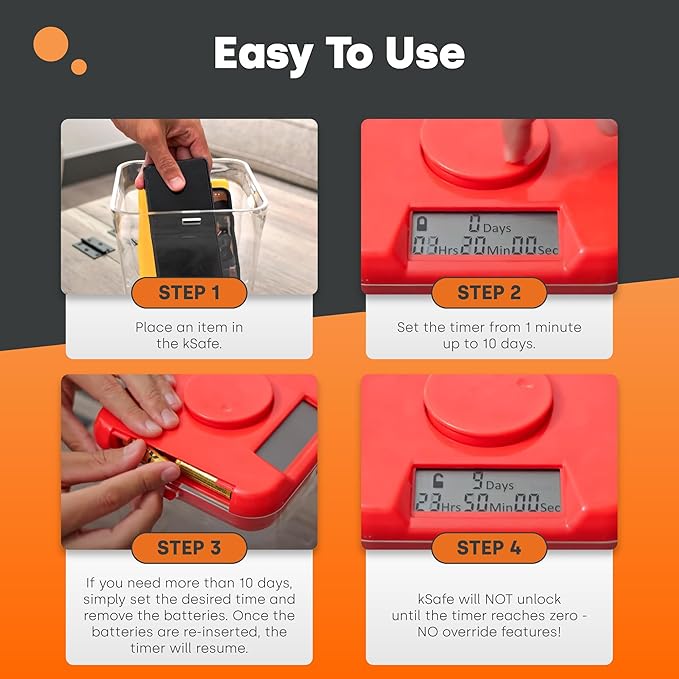 kSafe Time Locking Container Mini - Habit Control Device, Snack Safe, Tech Lock Box, Medication Timer Box, No Overrides, BPA-Free Plastic, 4.25” W x 3” H, White Lid, Clear Base