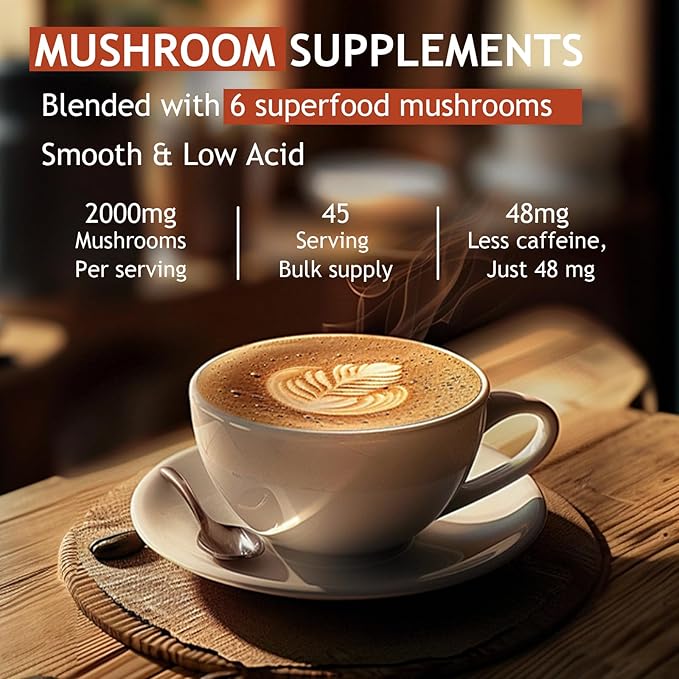 GRGTP Mushroom Coffee - Superfood Blend with 6 Adaptogens (Cordyceps, Lion's Mane, Reishi Other) | Jitter-Free Energy, Enhanced Focus, Digestion & Immunity Support | 45 Servings, Vegan, Gluten Free, Non-GMO | Smooth Flavor
