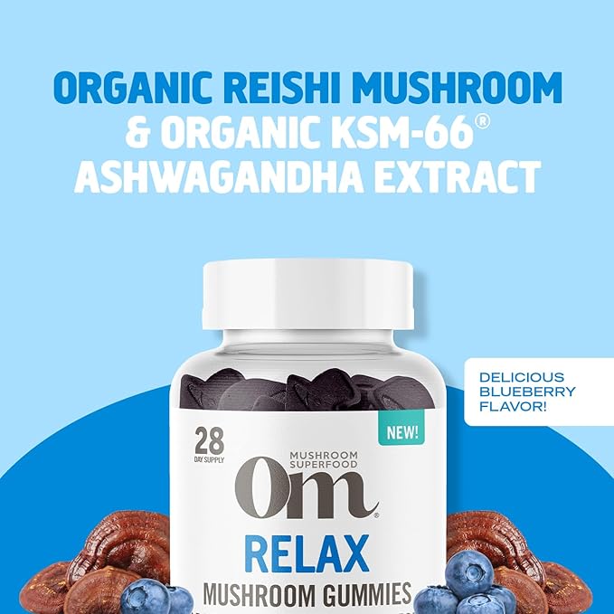 OM MUSHROOM SUPERFOOD Relax Gummies, 28 Servings, Blueberry Gummy Supplement with Reishi and Ashwagandha for Stress Relief