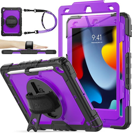 SEYMAC stock Case for iPad 9th/ 8th/ 7th Generation 10.2'', Shockproof with Screen Protector, Pencil Holder [360° Rotating Hand Strap] & Stand, for iPad 10.2 inch 2021-2019 (Purple+Black)