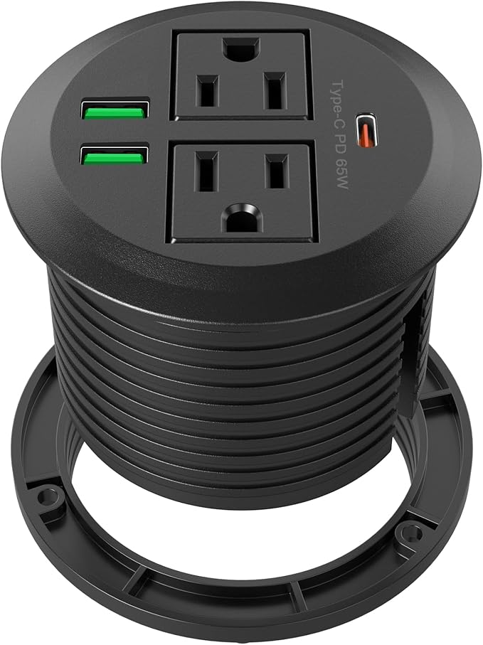 Jgstkcity 3 inch Desktop Power Grommet, Max 65W USB C Charger,2 Outlets, 3 USB Ports, Flush Mount Desk Hole Round Power Outlet, High-Speed Charging Station, Recessed Power Strip,6ft Cord Flat Plug