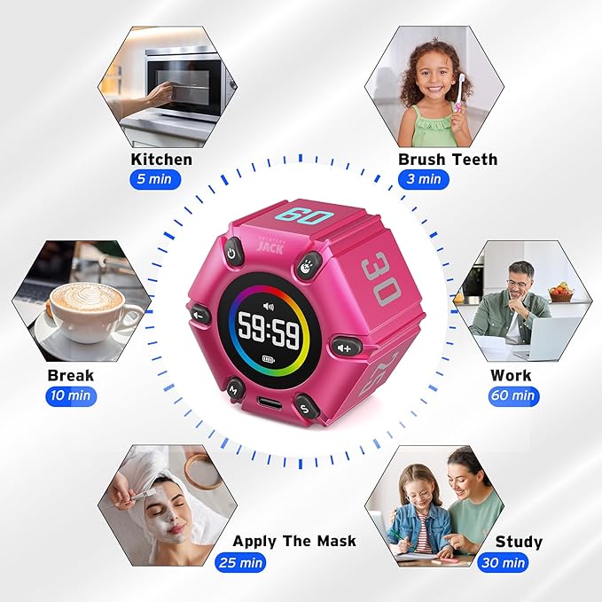 Printers Jack, Visual Pomodoro Timer, Productivity Cube Timer, Mute & Vibration & Adjustable Sound Alert, for Office, ADHD, Study, Work, 3/5/10/25/30/60min & Custom Countdown - Hot Pink