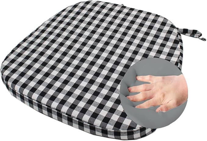 Collection Chair Cushion Memory Foam Pads with Ties - Kitchen Non Skid Rubber Back U Cushions with Machine Washable Cover (Small Black White,1)
