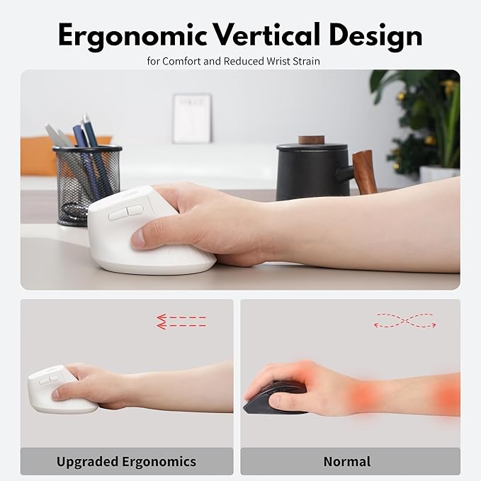Vertical Mouse Wireless, 2.4G Rechargeable Mouse with Battery Indicator,4 Level DPI,Ergonomic Design for Comfort and Reduced Wrist Strain, Ideal for Home,Office Use (White)