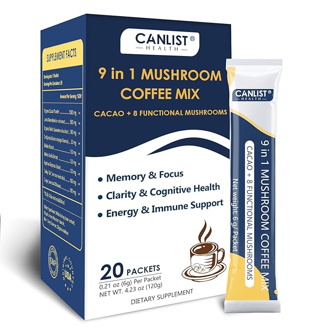 CANLIST Organic 9 in 1 Mushroom Coffee Powder with Lion's Mane & Chaga,Cordyceps, Reishi, Shiitake for Cognitive Focus, Immune Support & Stress Relief, Non-GMO & Vegan Friendly（20 Stick Packets）