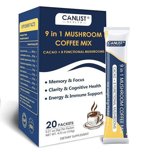 CANLIST Organic 9 in 1 Mushroom Coffee Powder with Lion's Mane & Chaga,Cordyceps, Reishi, Shiitake for Cognitive Focus, Immune Support & Stress Relief, Non-GMO & Vegan Friendly（20 Stick Packets）