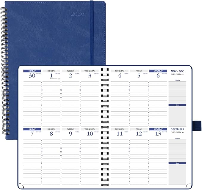 POPRUN 2026 Weekly Planner (A4-8.25'' x 11.75''), Quarter-Hourly Appointment Book (Jan. 2026 to Dec. 2026) with Monthly Tabs, Spiral Softcover, 2 Inner Pockets, Pen Holder - Indigo Blue