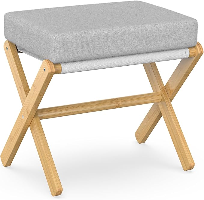 Foldable Foot Stool Ottoman, Modern Foot Rest with Bamboo X Legs & Thick Foam Cushion, Folding Foot Stools Small Padded for Bedroom Living Room, Makeup Vanity Stool Chair (Natural - Grey)