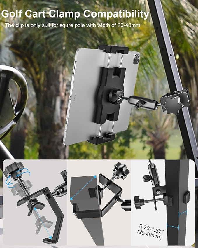 woleyi Golf Cart Tablet Holder Mount, 360° Adjustable, Metal Wider Clamp Arm for ZGO/Club Car/Yamaha/Other Golf Carts, for 4.7-13" Device Like iPad Pro, Air, Mini, iPhone, Galaxy Tabs, Z Fold, Fire HD