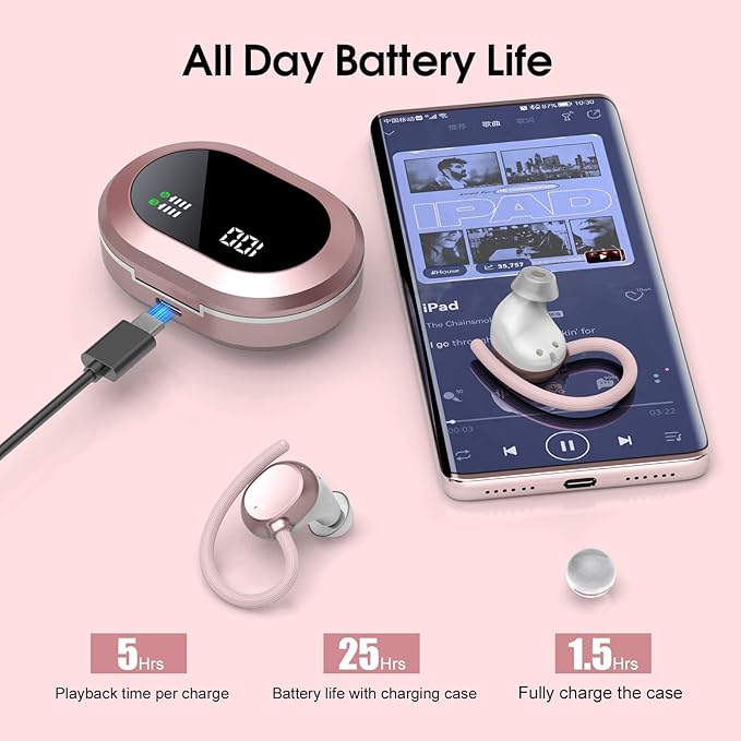 Ear Buds Wireless Earbuds, HiFi Stereo Bluetooth 5.3 Running Headphones with Dual LED Display 30Hrs Playtime, Built-in Mic, Type-C, in-Ear Bluetooth Earphones with Earhooks for Sport, Rose Gold