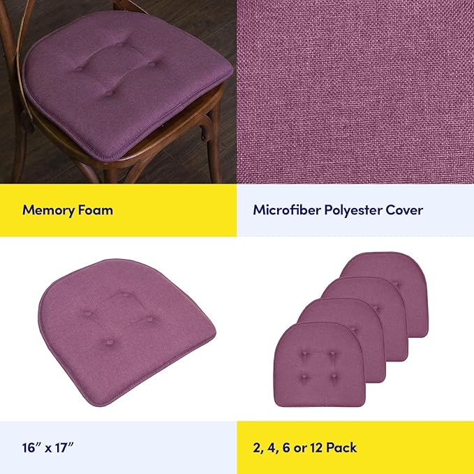 Sweet Home Collection Chair Cushion Memory Foam Pads Tufted Slip Non Skid Rubber Back U-Shaped 17" x 16" Seat Cover, 12 Count (Pack of 1), Purple