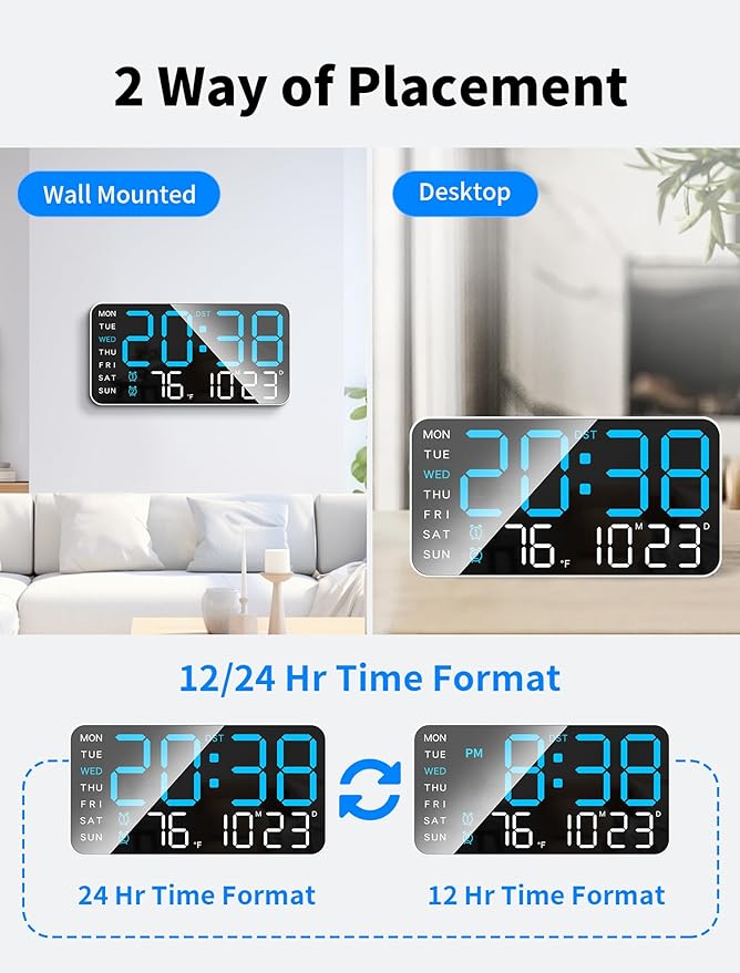 MASHI 8.4''Large Digital Wall Clock, Led Alarm Clock with Big Digits, Date, Temperature, DST, Modern Decor Design for Desk,5-Level Brightness for Room, Bedroom, Gift, Yougster and Elderly