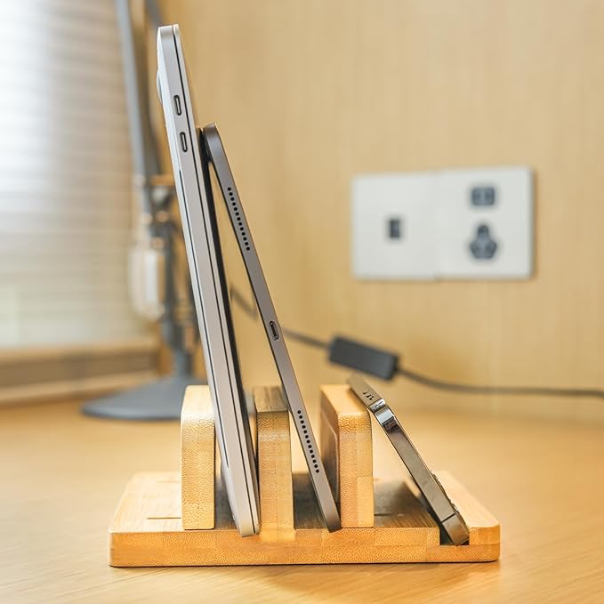 Vertical Laptop Stand for Desk, Double Stand Holder with Adjustable Dock 0.98" to 1.77", Fits All MacBook/Surface/Samsung/HP/Dell/Chrome Book, Natural Bamboo