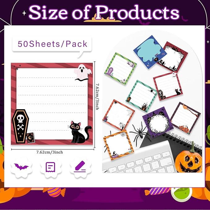 Halloween Sticky Notes Gifts - 9 Pack Funny Halloween Notepads 3x3 Inch, Creepy Pumpkin Ghost Memo Pads for Women Men, Horror Trick or Treat Gifts Office School Supplies (450 Sheets)