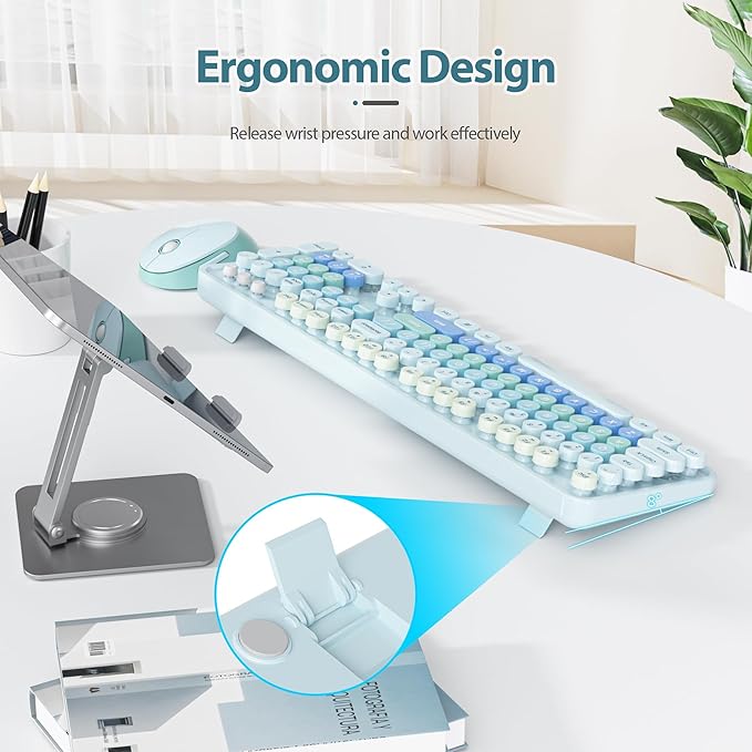 Fogruaden Blue Retro Typewriter Keyboard and Mouse Wireless, 2.4GHz Office Full-Sized Colorful Computer Keyboard with Number Pad and Cute Mouse for Windows PC Desktops Laptop