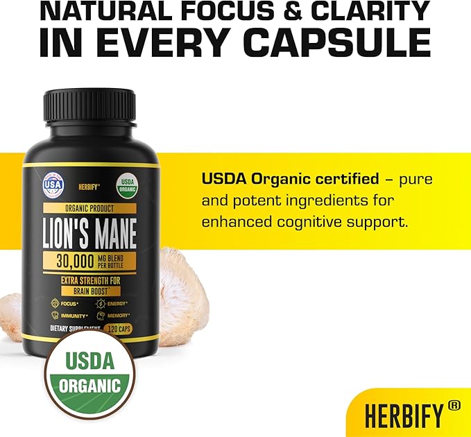 HERBIFY Lions Mane Supplement - Daily Mushroom Supplement for Memory, Focus & Clarity - Brain Booster - Lions Mane Capsules for Natural Immune Support - Vegan, Organic - 120 Capsules