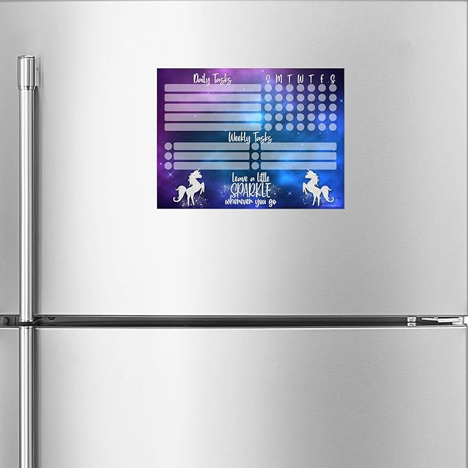 Dry Erase Whiteboard Task Planner | Removable and Restickable Adhesive Decal | Fine-Tip Magnetic Marker Included (9 x 12 inches, Unicorn Sparkle)