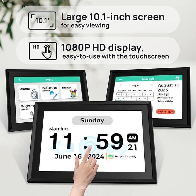Touchscreen Digital Calendar Day Clock for Seniors 10.1 Inch, Voice Alarm | Medication Reminder | WiFi Accurate Time, Customizable Gift for Elderly or Dementia Alzheimers - Black