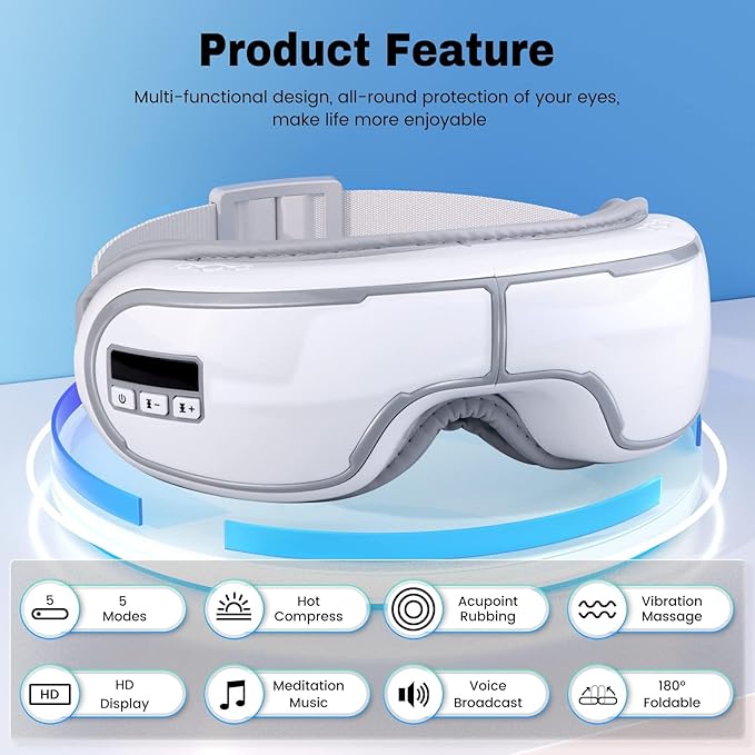 Eye Massager with Heat,Heated Eye Mask, Compression Massage,Eye Massager for Migraine Relief, Reduces Dark Circles & Strain, Improves Sleep, Ideal Gift for Men/Women,White