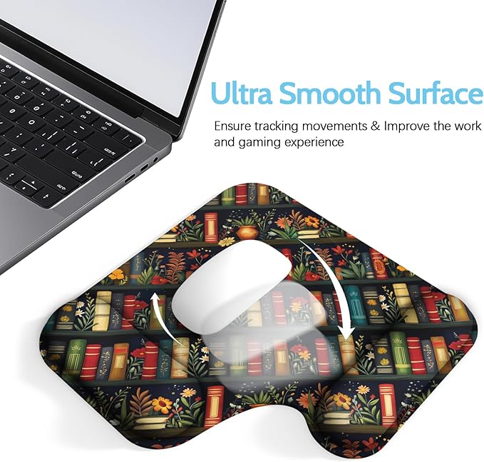 Ergonomic Mouse Pad with Gel Wrist Rest (1"& 1.2" Dual Height) - Mouse Pads Compact Mousepad Desk Mat Office, Gaming & Carpal Tunnel Relief | Non-Slip Rubber Base Vintage Bookshelf