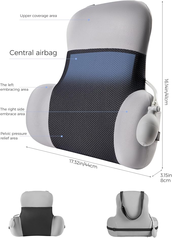 BEBAS Lumbar Support Pillow for Office Chair & Car Seat - Memory Foam Back Cushion with Adjustable Air Cushion, Dual Strap System for Back Pain Relief (Fits Gaming/Home Chairs)