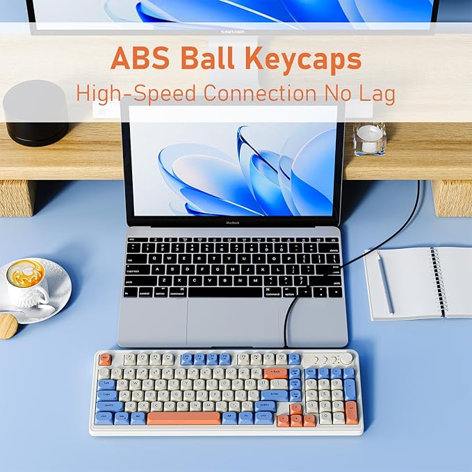 EWEADN G98 RGB Gaming Keyboard Wired, Retro Creamy Membrane Keyboards with Media Knob, Number Pad RGB Backlit, 98 Keys Quite Membrane Computer Keyboard for MAC Xbox PC Gamer -White&Blue