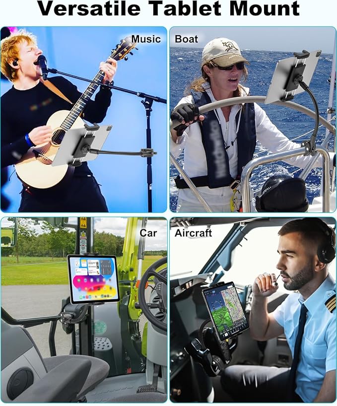 Spin Bike Tablet Holder - Metal Gooseneck Treadmill Tablet Mount, Anti-Shake Elliptical Handlebar Clamp for iPad Pro 13 12.9 Mini Air, Tab, Z Fold, 4-13" Devices