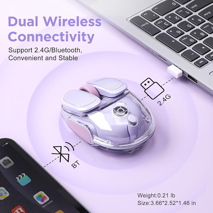 Q9 Chargeable Portable Silent 2.4GHz/Bluetooth Dual Mode Wireless Mouse, 4 Adjustable DPI,4800 DPI Optical Tracking Mouse with RGB Lighting, Compatible Win/Mac/Android/iOS(Purple)