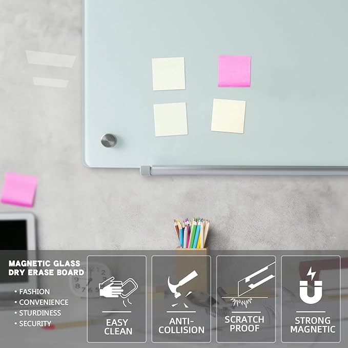 Glass Magnetic Dry-Erase Board -60"x40"Frameless Wall Mounted Glass Whiteboard for Wall, Large Frameless Magnetic White Board for Office, Home & School