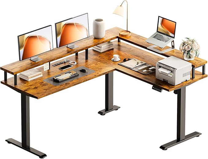 AODK Electric L Shaped Standing Desk, 59 Inch Height Adjustable Stand Up Desk with Power Outlets ＆ Full Monitor Stand, Reversible Corner Desk for Home Office ＆ Computer Workstation, Rustic Brown