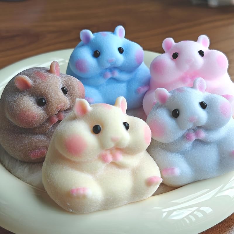 Handmade Flocked Hamster Taba Squishy Toy - Cute Realistic Silicone Animal Fidget Sensory Toy, Ultra-Soft Stress Relief Squeeze Toy for Relaxation Gift (Family (5 Colors))