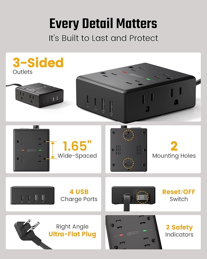 10Ft Extension Cord with Multiple Outlets, Flat Plug Power Strip Surge Protector with 10 Ft Long Cord, 8 Outlet 4 USB Ports (2 USB C), Multi Outlet Wall Plug for Office, College, Dorm Room Essentials