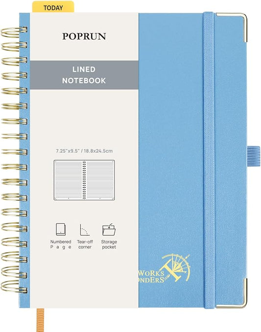 POPRUN Lined Spiral Journal Notebook for Women & Men, 7-1/4" x 9-1/2", 220 Numbered Pages, College Ruled Hardcover Notebook for Work, Journals for Writing, 120 GSM Thick Paper - Haze Blue
