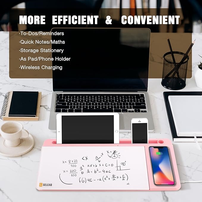 SELEAD Desktop Glass Whiteboard with Wireless Charger Station and Mirror, Desk Dry Erase Board Computer Pad Keyboard Stand with Organizer for Home, School, Office Accessories for Women, Pink