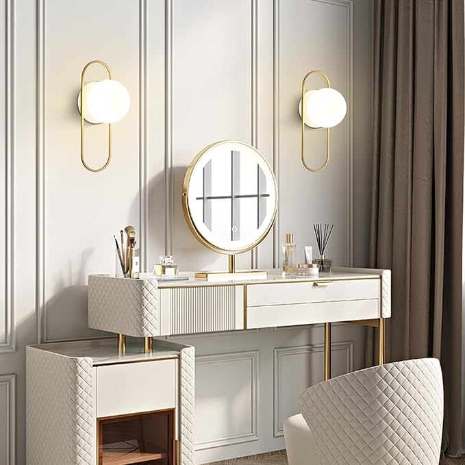 Gold Glass Globe Wall Sconce Set of 2 Mid-Century Modern Vintage Brass Oval Wall Mounted Light Fixtures Rustic Bathroom Vanity Lights Over Mirror