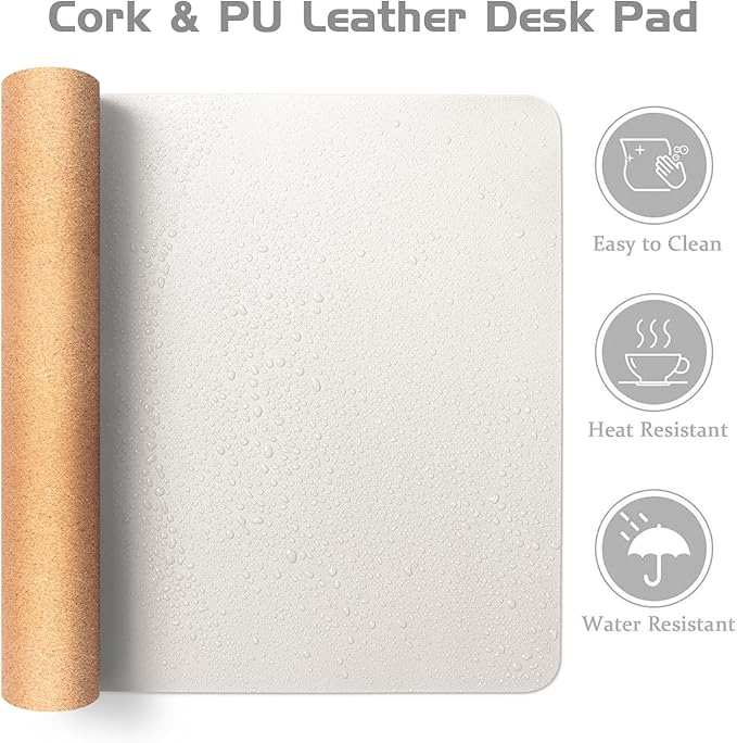 Aothia Dual-Sided Desk Mat - Leather & Cork Desk Protector, Large Mouse Pad & Writing Pad, Waterproof, Off-White (35.4" x 15.7")