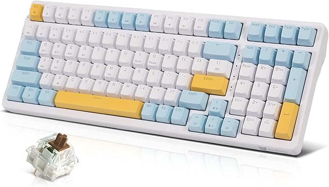 Qisan Wireless/Wired Mechanical Keyboard, Triple Mode 2.4G/USB-C/BT Wireless Gaming Keyboard, 100 Keys (98%) US Layout Brown Switch Rechargeable Ice Blue Backlit Keyboards | Blue & Yellow & White