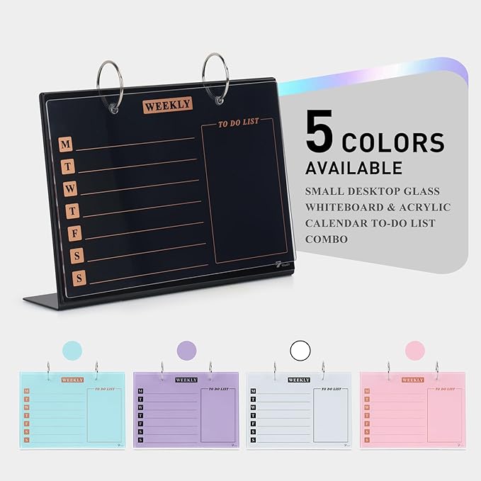 Desktop Glass Dry Erase & Acrylic Aesthetic Desk Calendar Weekly to-do List Combo, Small Magnetic Standing Whiteboard, Desk Flip Easel Calendar with Accessories for Home Office Supply, Black, 9 x 7''