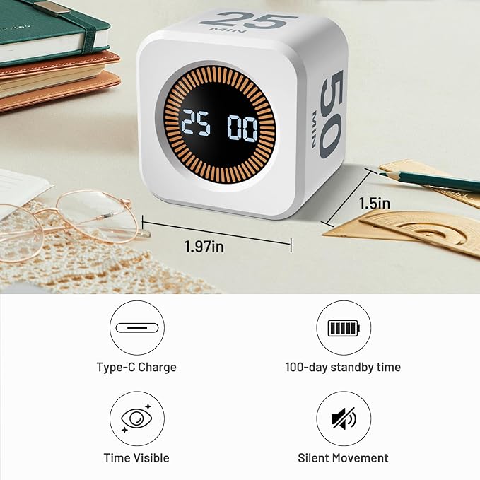 Rotating Pomodoro Timer, 5/10/25/50 Minutes, Countdown & Stopwatch, Desk Productivity, ADHD Tool Cube Flip Timer, Adjustable Silent, for Study, Work, Kitchen (White)