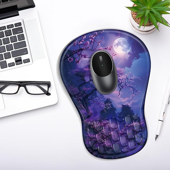 Ergonomic Mouse Pad with Wrist Rest Support, Mousepad with Comfortable Memory Foam Wrist Rest and Non-Slip PU Base for Pain Relief, Computer, Laptop, Office, Home (Moonlit Night)