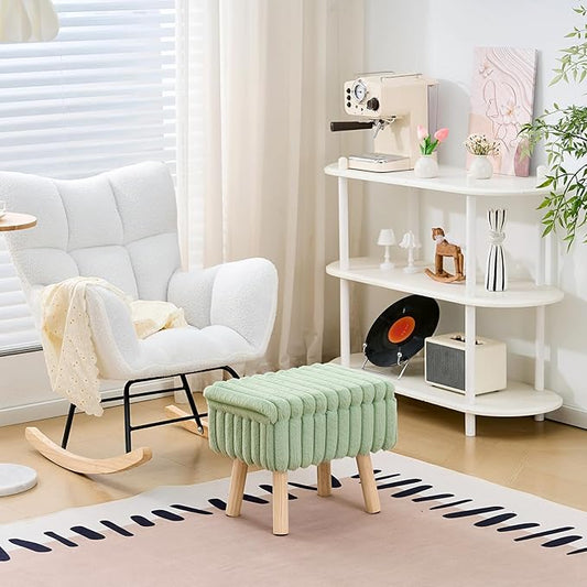 Wimarsbon Storage Ottoman,Soft Faux fur Footstool with Padded Seat, Small Reading Vanity Chair, Footrest with Wood Tray for Couch, Mini Coffee Table or Display Stand (Light Green, Rectangular Storage)