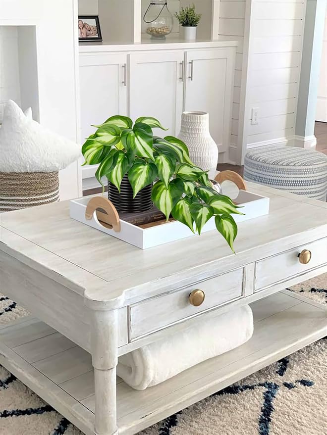 Hollyone Artificial Pothos Plants Potted Fake Ivy Plants in Black Ceramic Pot Faux Hanging Plants Indoor for Home Living Room Shelf Office Aesthetic Decor