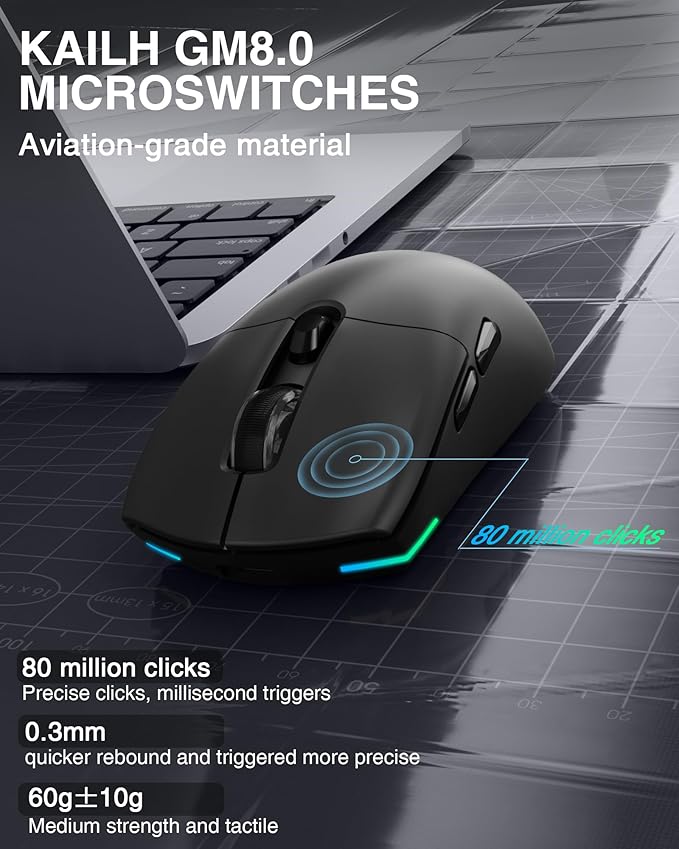 Wireless Gaming Mouse, 26,000 DPI,58g Ultra-Lightweight Tri Mode Type-C Wired/BT/2.4GHz Wireless Mouse,Programmable Buttons,Compatible with PC/Mac/Laptop,Black