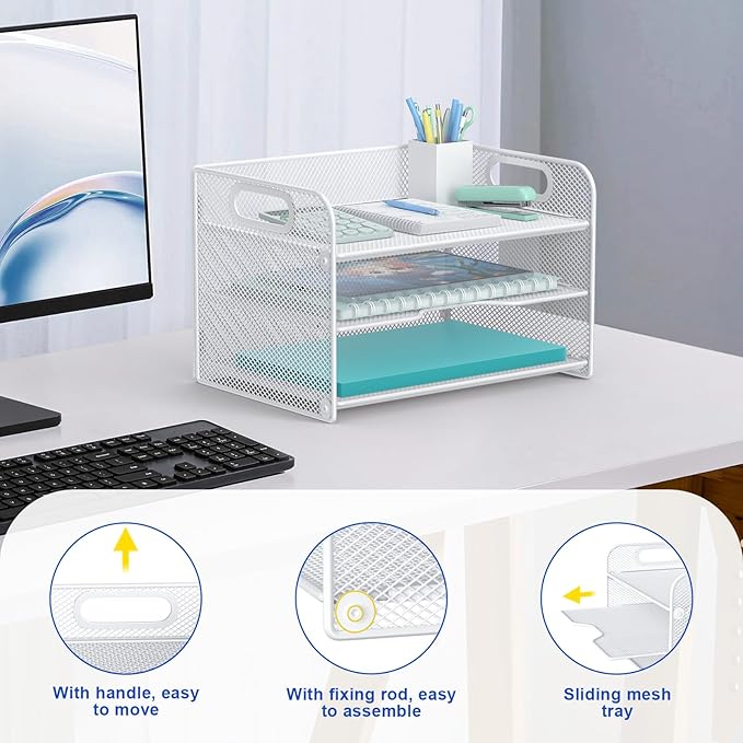 Samstar 3 Tier White Letter Tray Paper Organizer with Handle, Mesh Desk Organizer Paper Sorter File Rack Shelves, White