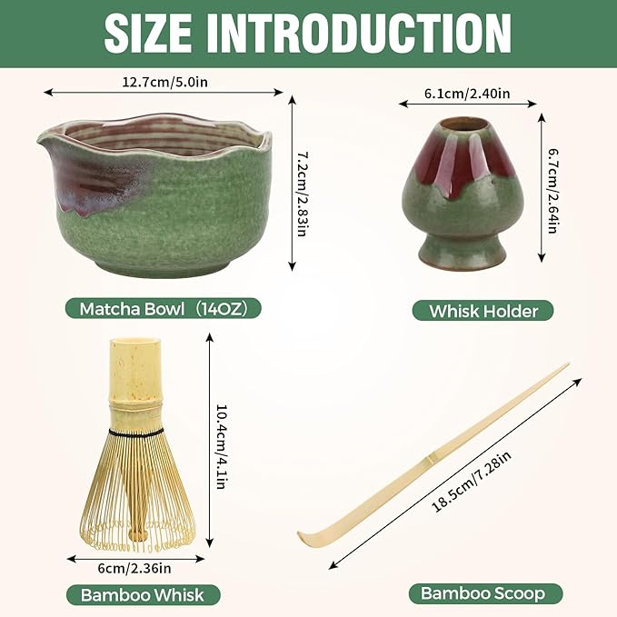 Pottery Matcha Set - Japanese Handcrafted Matcha Tea Bowl Mineral Glaze Bowl with Spout, Bamboo Whisk, Scoop & Chasen Holder | 4pc Tea Ceremony Kit for Matcha Lovers (Forest Glow)